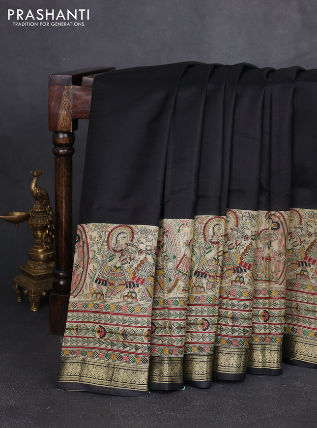 Pure printed silk saree black with allover prints and madhubani printed zari woven border