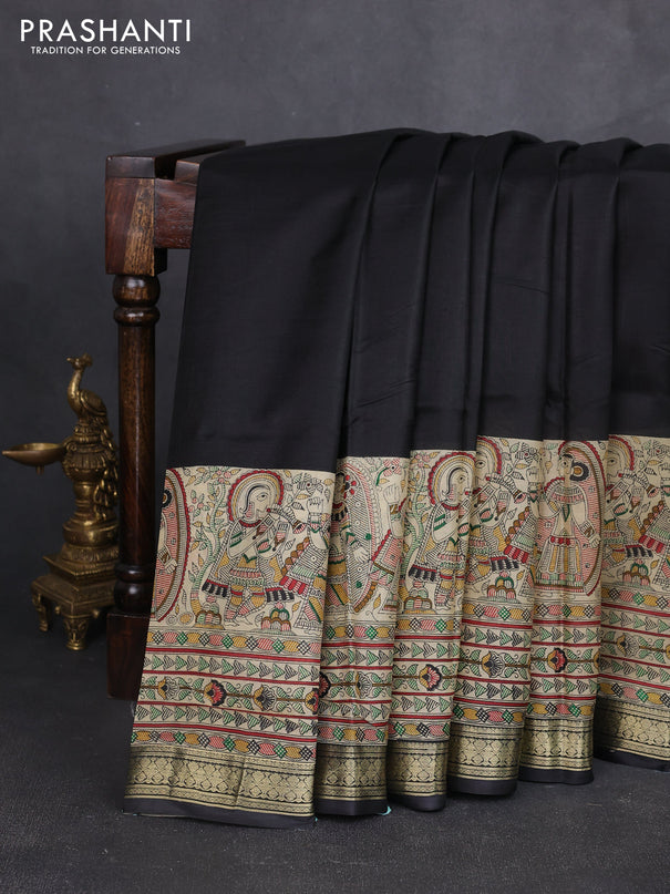 Pure printed silk saree black with allover prints and madhubani printed zari woven border