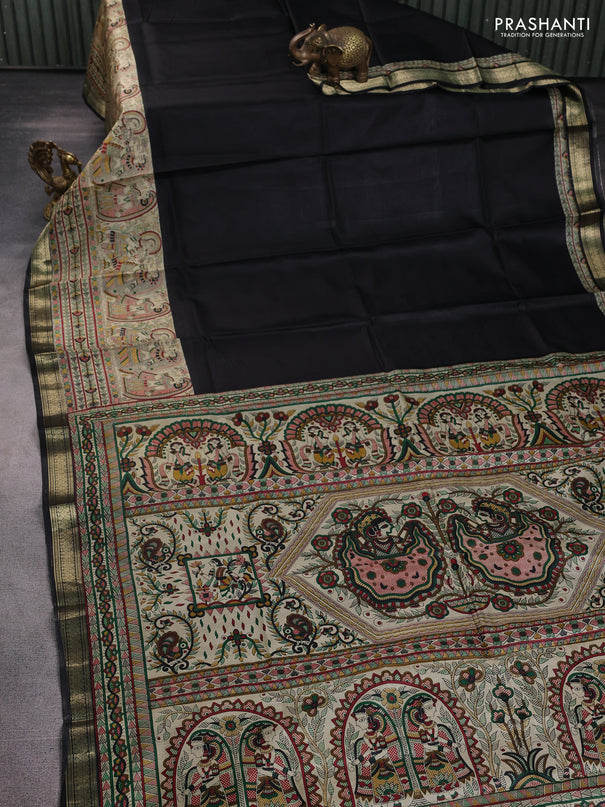 Pure printed silk saree black with allover prints and madhubani printed zari woven border