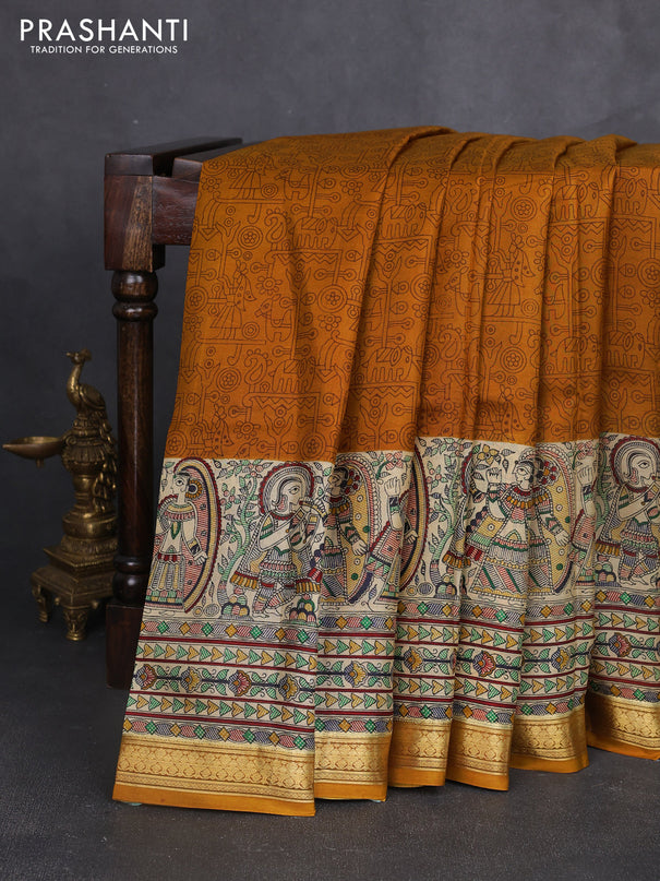 Pure printed silk saree mustard yellow with allover prints and madhubani printed zari woven border
