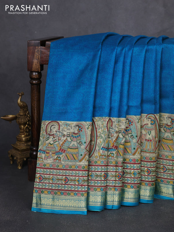 Pure printed silk saree cs blue with allover prints and madhubani printed zari woven border