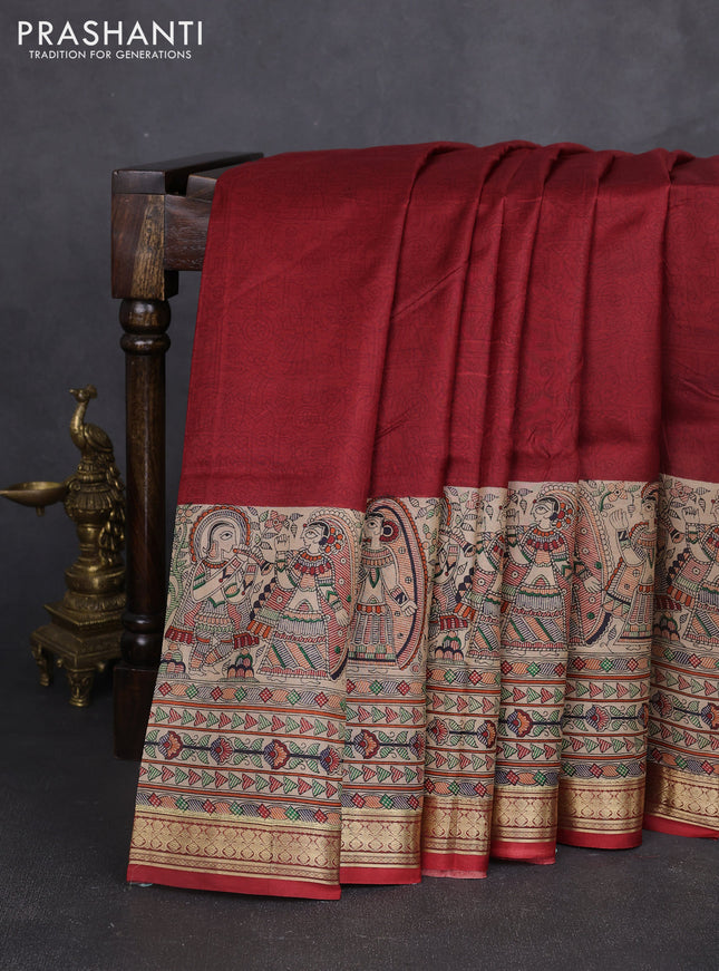 Pure printed silk saree maroon with allover prints and madhubani printed zari woven border