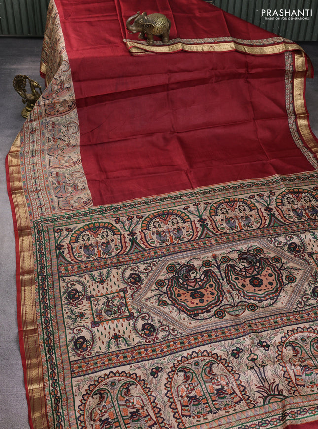 Pure printed silk saree maroon with allover prints and madhubani printed zari woven border