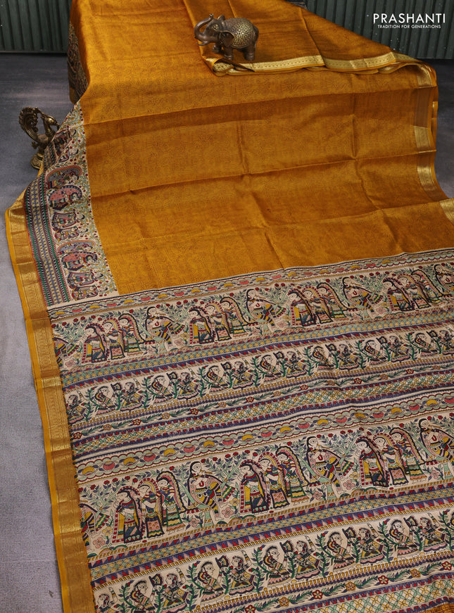 Pure printed silk saree mustard yellow with allover prints and madhubani printed zari woven border