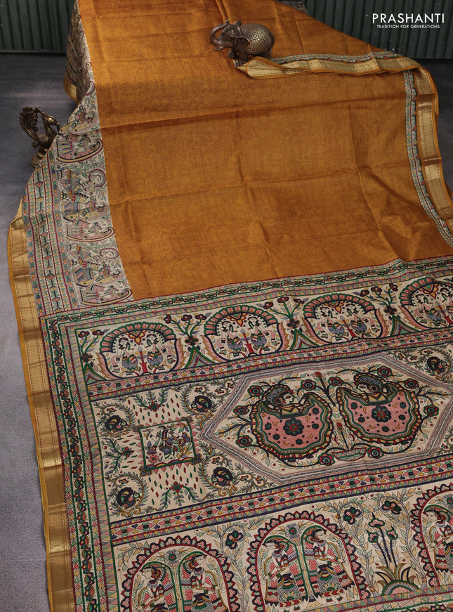 Pure printed silk saree mustard yellow with allover prints and madhubani printed zari woven border