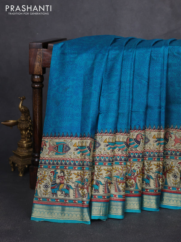 Pure printed silk saree cs blue with allover prints and madhubani printed zari woven border