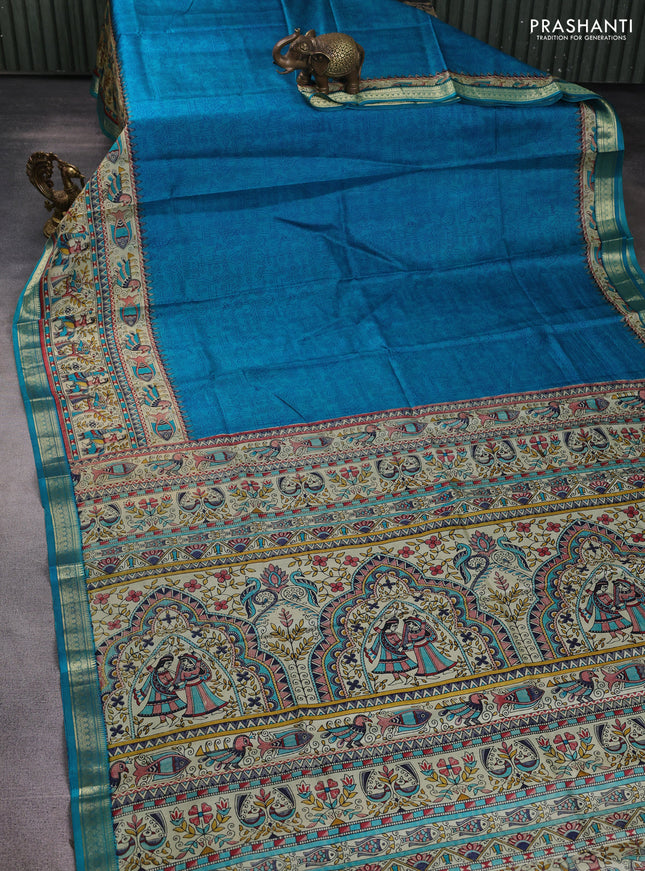 Pure printed silk saree cs blue with allover prints and madhubani printed zari woven border