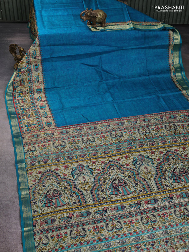 Pure printed silk saree cs blue with allover prints and madhubani printed zari woven border