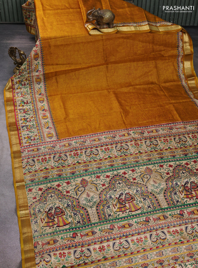 Pure printed silk saree mustard yellow with allover prints and madhubani printed zari woven border