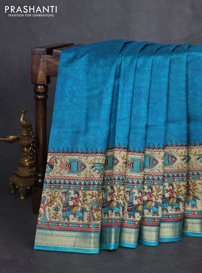 Pure printed silk saree cs blue with allover prints and madhubani printed zari woven border