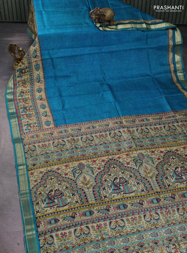 Pure printed silk saree cs blue with allover prints and madhubani printed zari woven border