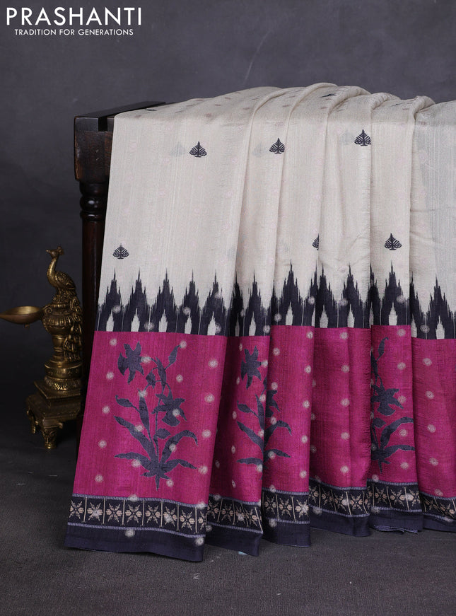 Matka tussar saree beige and purple with allover thread buttas & butta prints and long temple design printed border