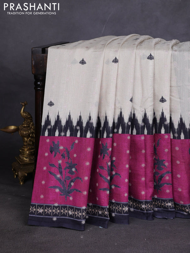 Matka tussar saree beige and purple with allover thread buttas & butta prints and long temple design printed border