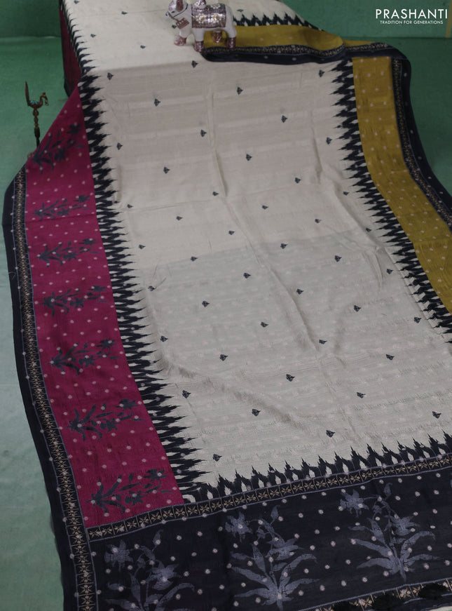 Matka tussar saree beige and purple with allover thread buttas & butta prints and long temple design printed border