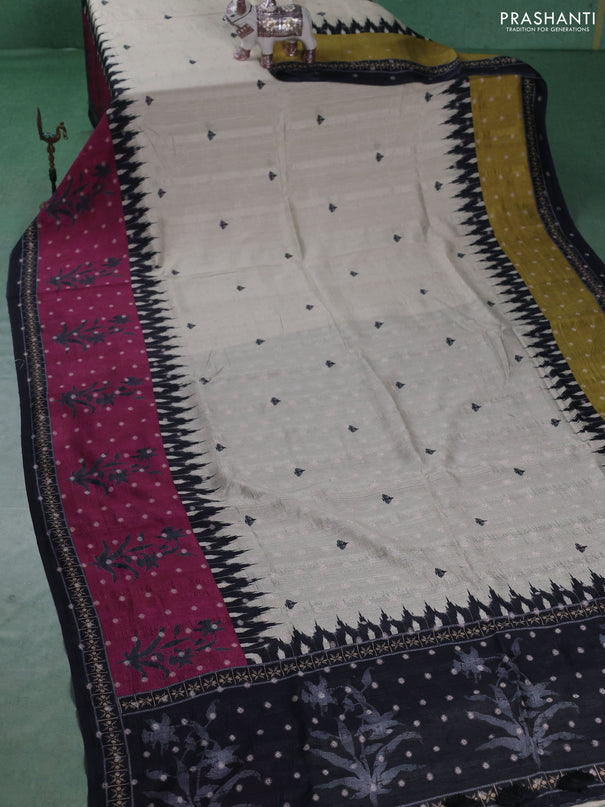 Matka tussar saree beige and purple with allover thread buttas & butta prints and long temple design printed border