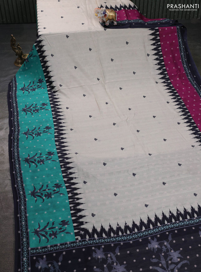 Matka tussar saree beige and teal green with allover thread buttas & butta prints and long temple design printed border