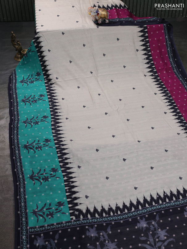 Matka tussar saree beige and teal green with allover thread buttas & butta prints and long temple design printed border