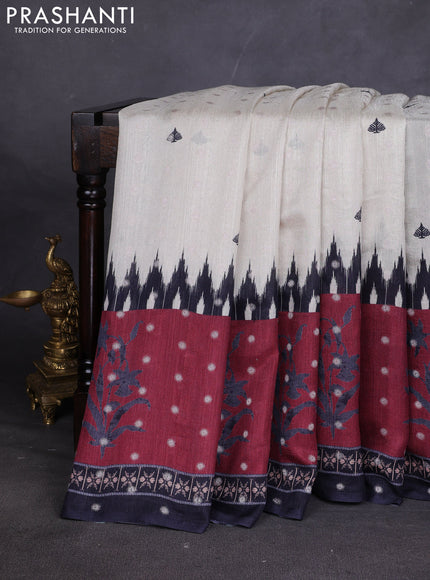 Matka tussar saree beige and maroon with allover thread buttas & butta prints and long temple design printed border
