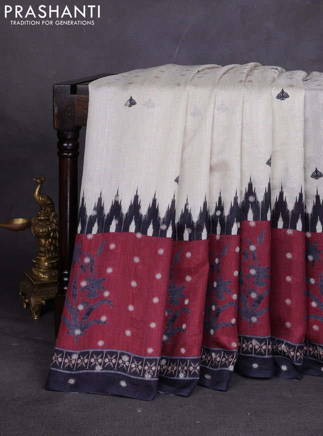Matka tussar saree beige and maroon with allover thread buttas & butta prints and long temple design printed border