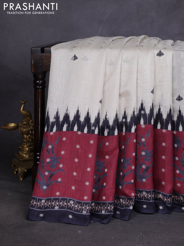 Matka tussar saree beige and maroon with allover thread buttas & butta prints and long temple design printed border