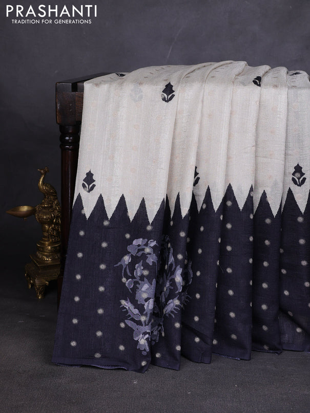 Matka tussar saree beige and black dark pink with allover thread buttas & butta prints and long temple design printed border