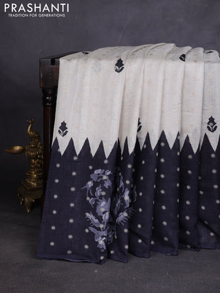 Matka tussar saree beige and black dark pink with allover thread buttas & butta prints and long temple design printed border