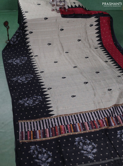 Matka tussar saree beige and black dark pink with allover thread buttas & butta prints and long temple design printed border