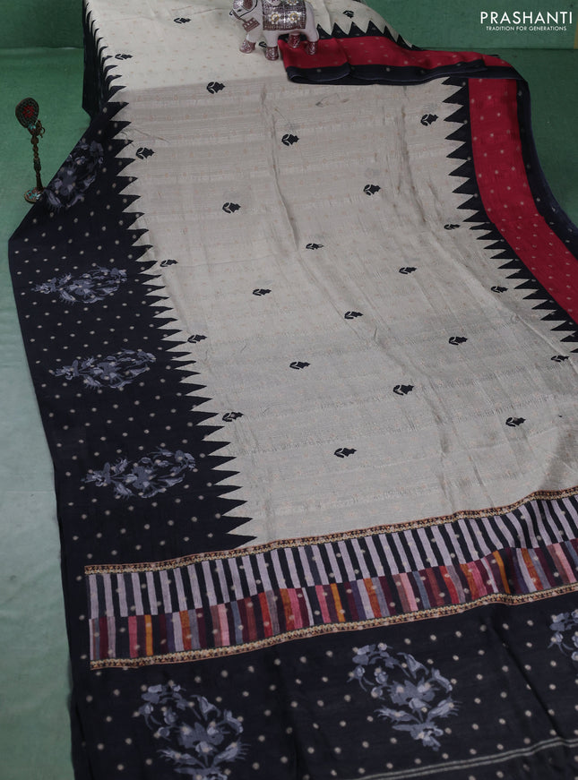 Matka tussar saree beige and black dark pink with allover thread buttas & butta prints and long temple design printed border
