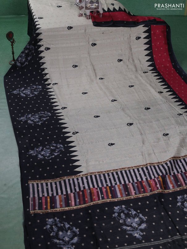 Matka tussar saree beige and black dark pink with allover thread buttas & butta prints and long temple design printed border