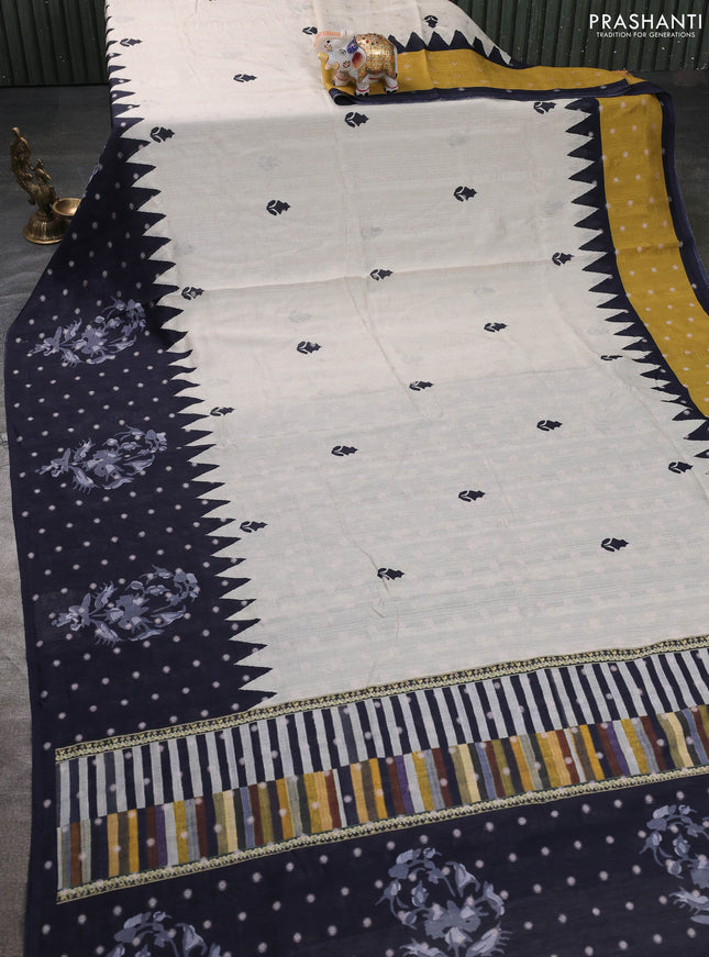 Matka tussar saree beige and mustard yellow with allover thread buttas & butta prints and long temple design printed border
