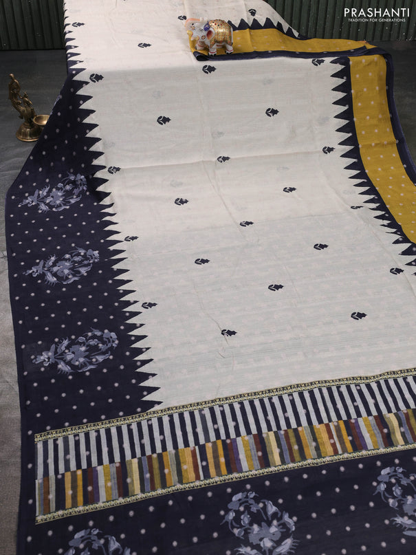 Matka tussar saree beige and mustard yellow with allover thread buttas & butta prints and long temple design printed border