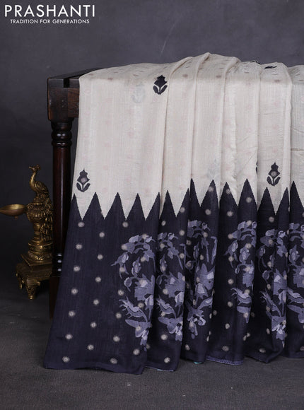 Matka tussar saree beige and black blue with allover thread buttas & butta prints and long temple design printed border