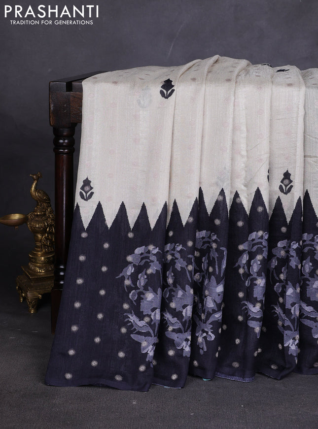 Matka tussar saree beige and black blue with allover thread buttas & butta prints and long temple design printed border