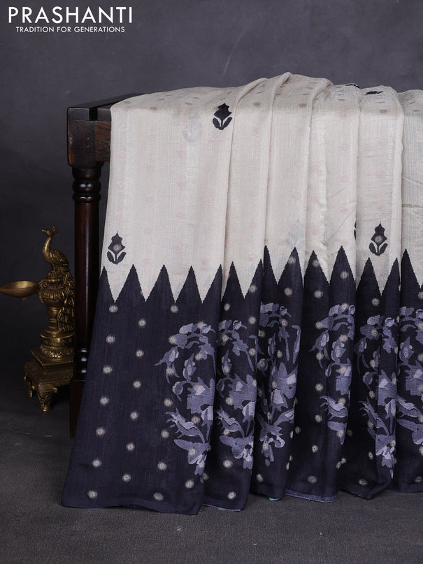 Matka tussar saree beige and black blue with allover thread buttas & butta prints and long temple design printed border