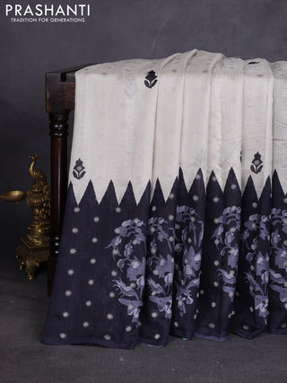 Matka tussar saree beige and black blue with allover thread buttas & butta prints and long temple design printed border