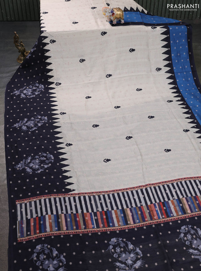 Matka tussar saree beige and black blue with allover thread buttas & butta prints and long temple design printed border