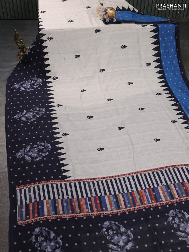 Matka tussar saree beige and black blue with allover thread buttas & butta prints and long temple design printed border