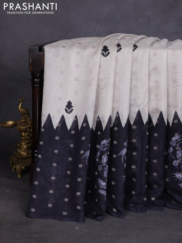 Matka tussar saree beige and black maroon with allover thread buttas & butta prints and long temple design printed border