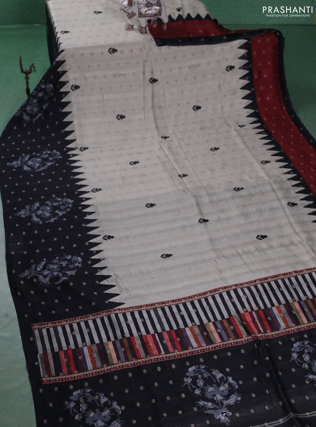 Matka tussar saree beige and black maroon with allover thread buttas & butta prints and long temple design printed border