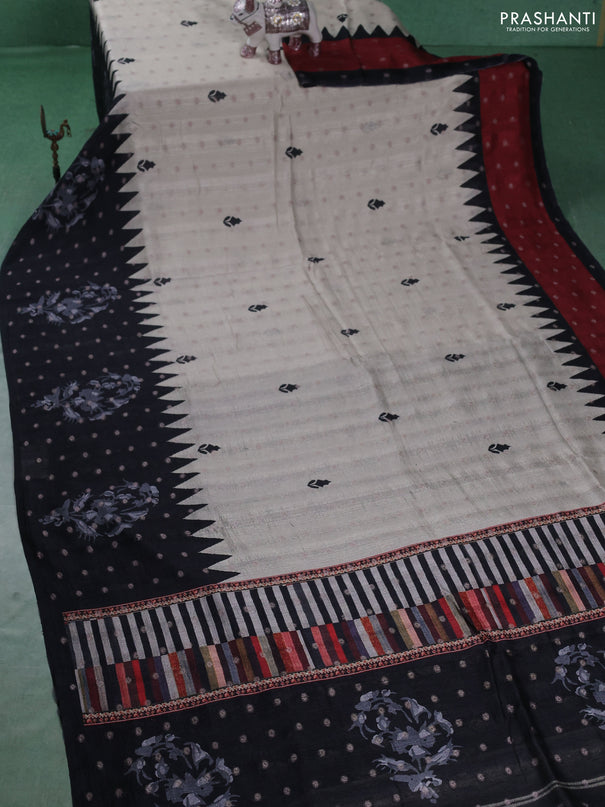 Matka tussar saree beige and black maroon with allover thread buttas & butta prints and long temple design printed border