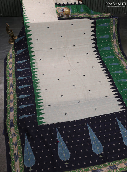 Matka tussar saree beige and green black with allover thread buttas & butta prints and long temple design printed border