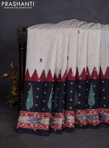 Matka tussar saree beige and red with allover thread buttas & butta prints and long temple design printed border