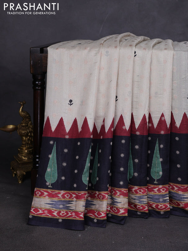 Matka tussar saree beige and red with allover thread buttas & butta prints and long temple design printed border