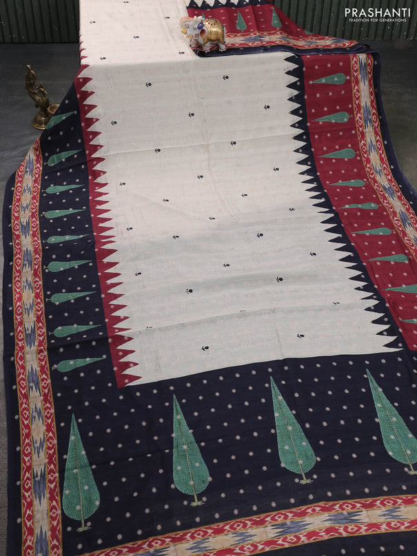 Matka tussar saree beige and red with allover thread buttas & butta prints and long temple design printed border
