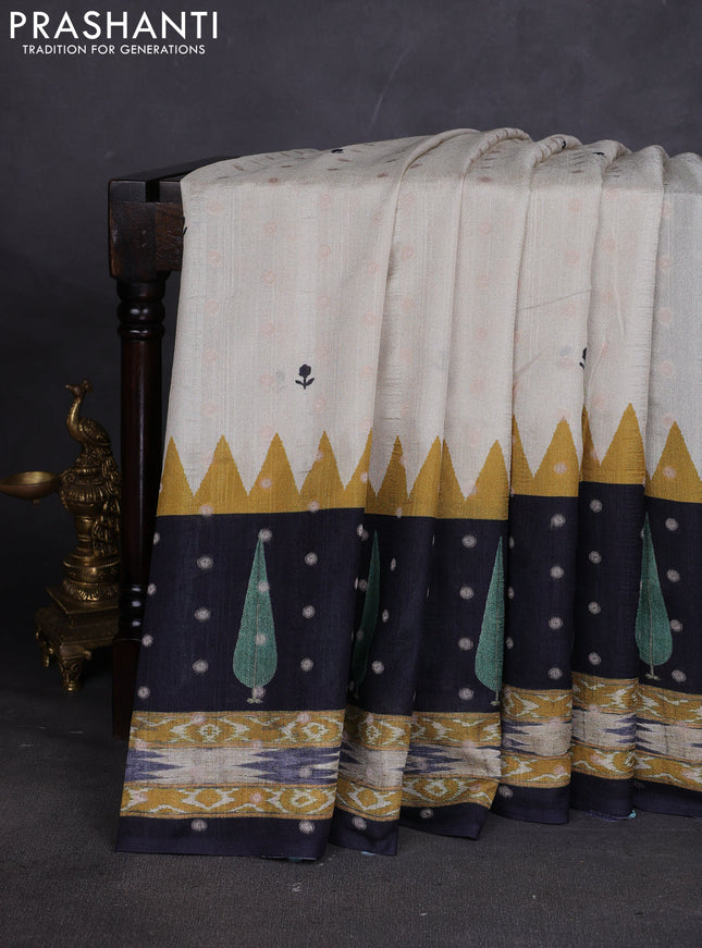 Matka tussar saree beige and mustard yellow with allover thread buttas & butta prints and long temple design printed border
