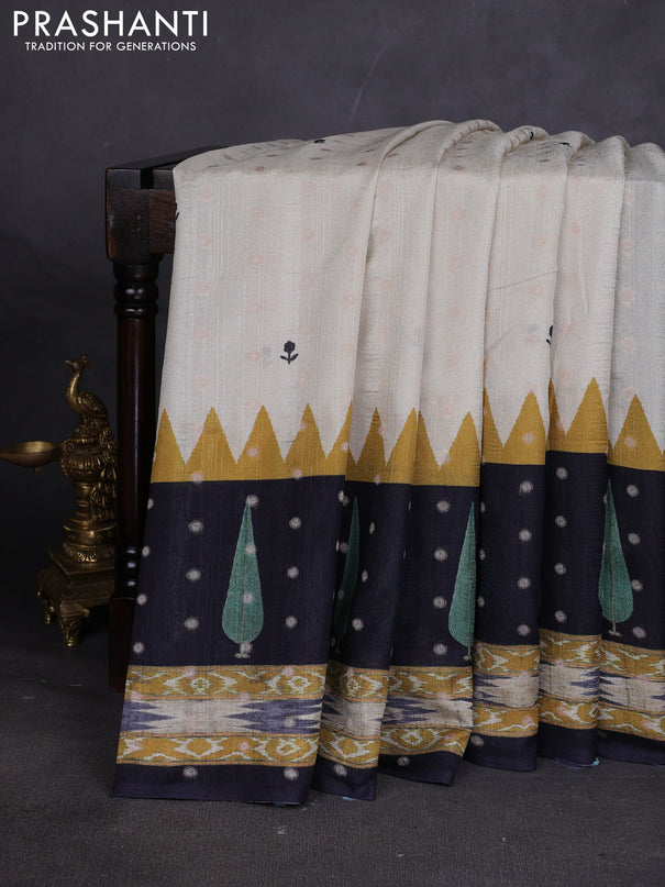 Matka tussar saree beige and mustard yellow with allover thread buttas & butta prints and long temple design printed border