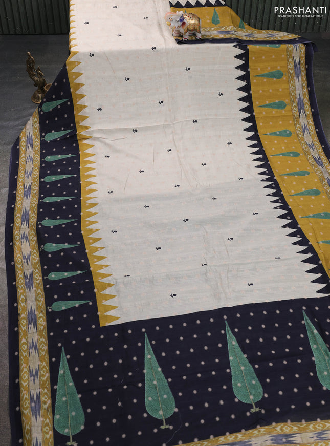 Matka tussar saree beige and mustard yellow with allover thread buttas & butta prints and long temple design printed border