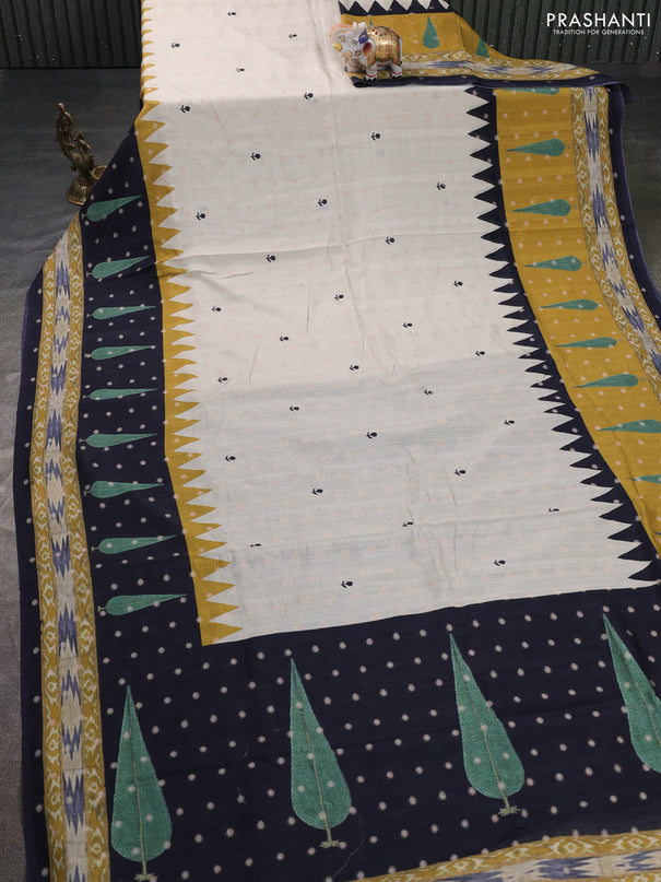 Matka tussar saree beige and mustard yellow with allover thread buttas & butta prints and long temple design printed border