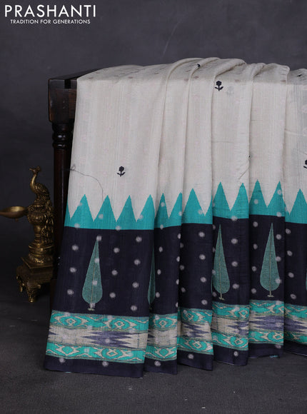 Matka tussar saree beige and teal green with allover thread buttas & butta prints and long temple design printed border