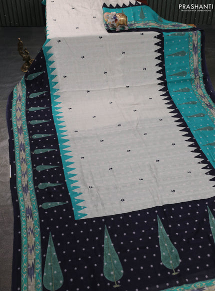 Matka tussar saree beige and teal green with allover thread buttas & butta prints and long temple design printed border